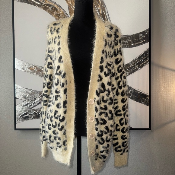 POL Sweaters - POL Cream and Black Leopard Fuzzy Button Cardigan